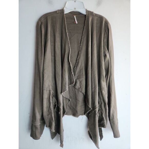 Free People Green Brown Open Waterfall Raw Hem Linen Blend Jacket size Medium - Picture 2 of 11